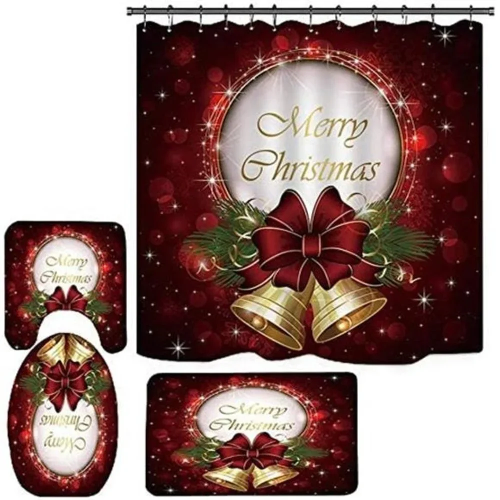 4pcs Christmas Shower Curtain Sets Holiday Bathroom Decoration
